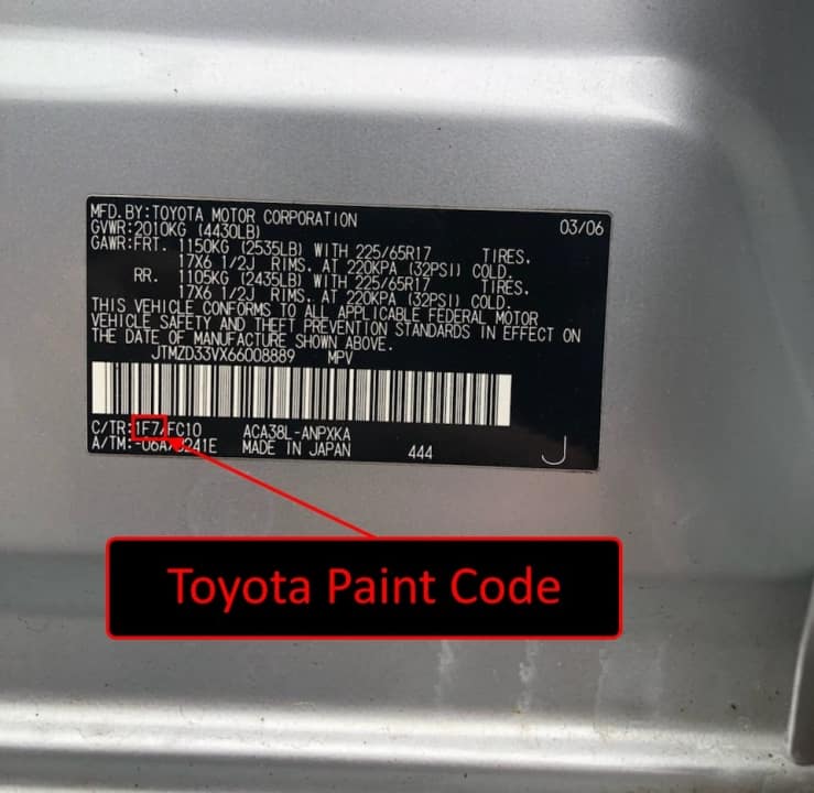 Lexus color code sticker on the body – identify your vehicle’s paint.