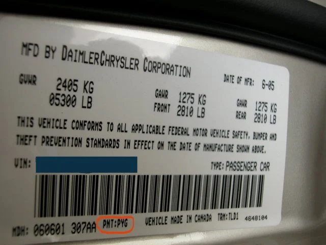 CHRYSLER paint code label on the vehicle – find your exact color match.