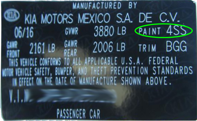 KIA color code sticker on the body – identify your vehicle’s paint.