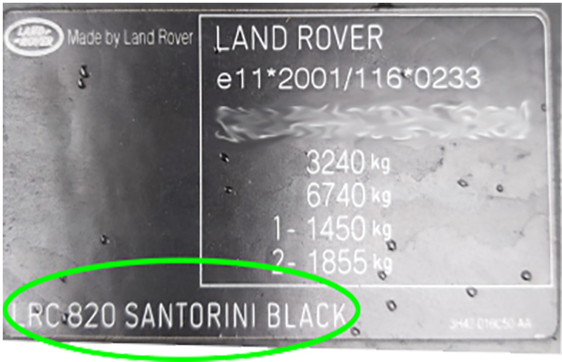 LAND ROVER factory paint code label – check your car’s original color.
