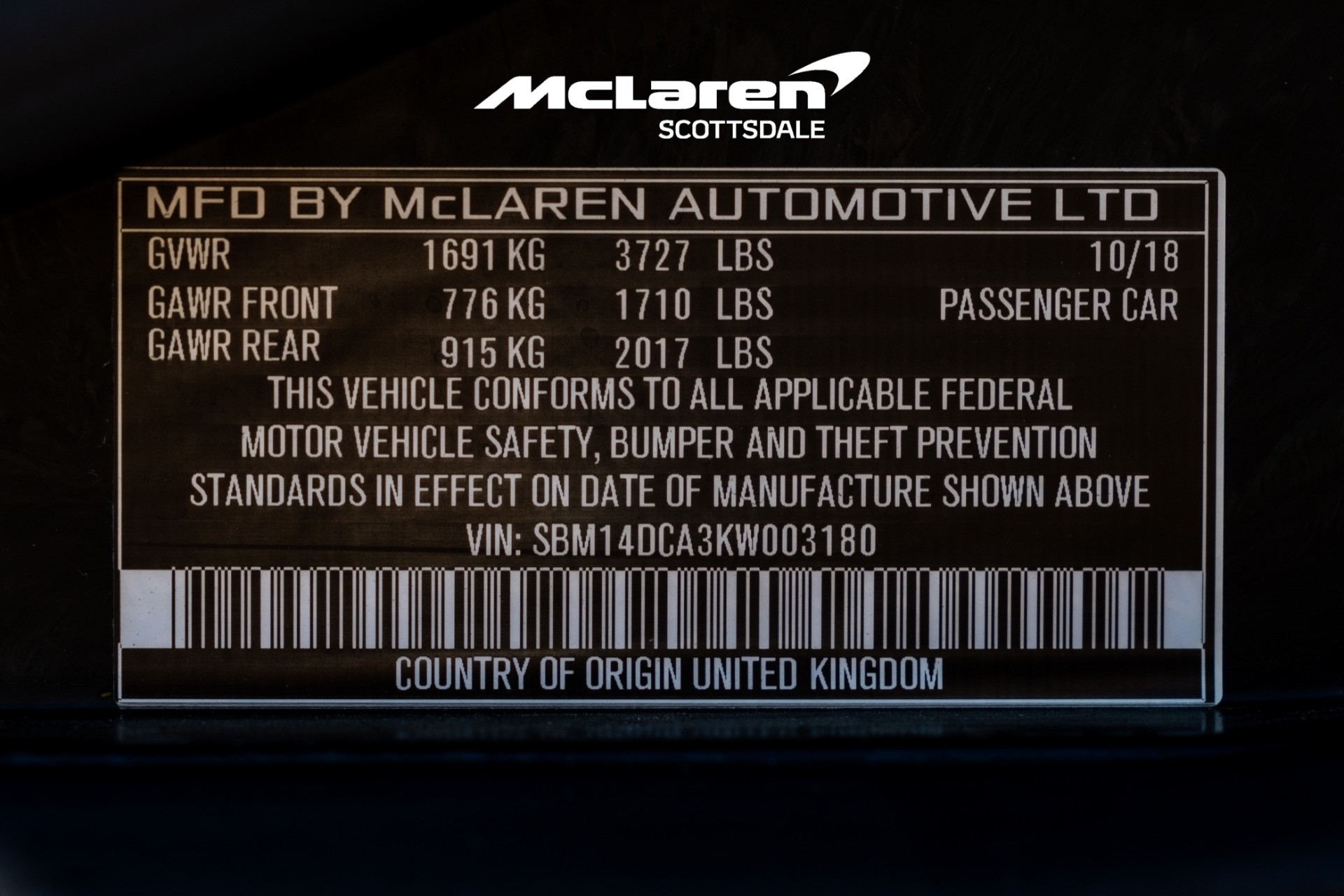 McLaren paint code label on the vehicle – find your exact color match.