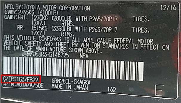 TOYOTA factory paint code label – check your car’s original color.