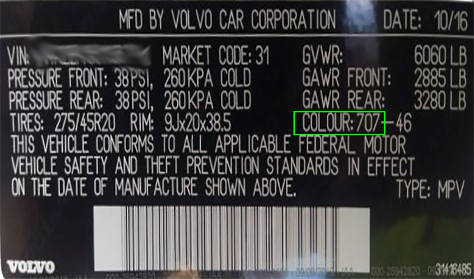 VOLVO paint code label on the vehicle – find your exact color match.