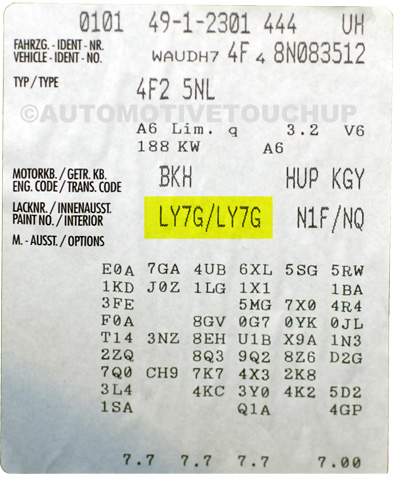 Audi factory paint code label – check your car’s original color.