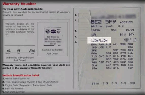 Audi paint code label on the vehicle – find your exact color match.