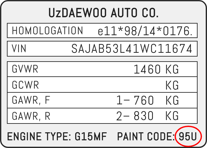 DAEWOO factory paint code label – check your car’s original color.