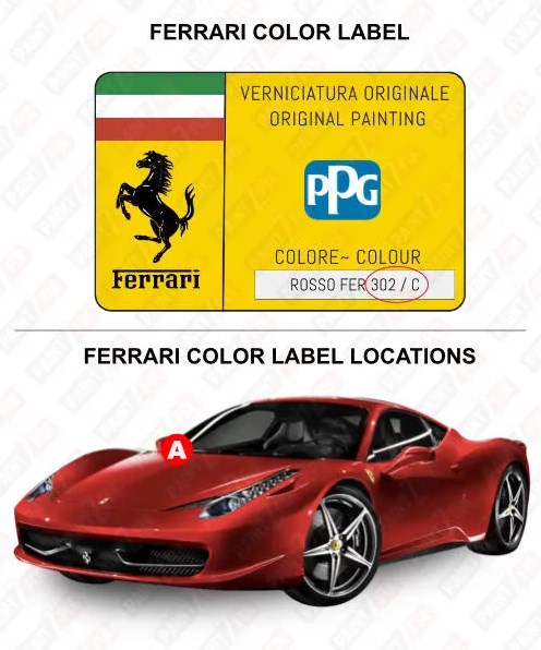 Ferrari paint code label on the vehicle – find your exact color match.
