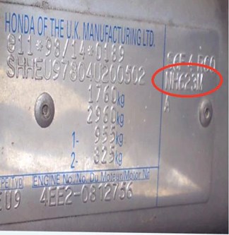 Honda vehicle paint code plate – verify your original paint specification.