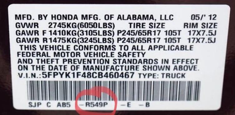 HONDA paint identification label – locate your car’s factory color code.