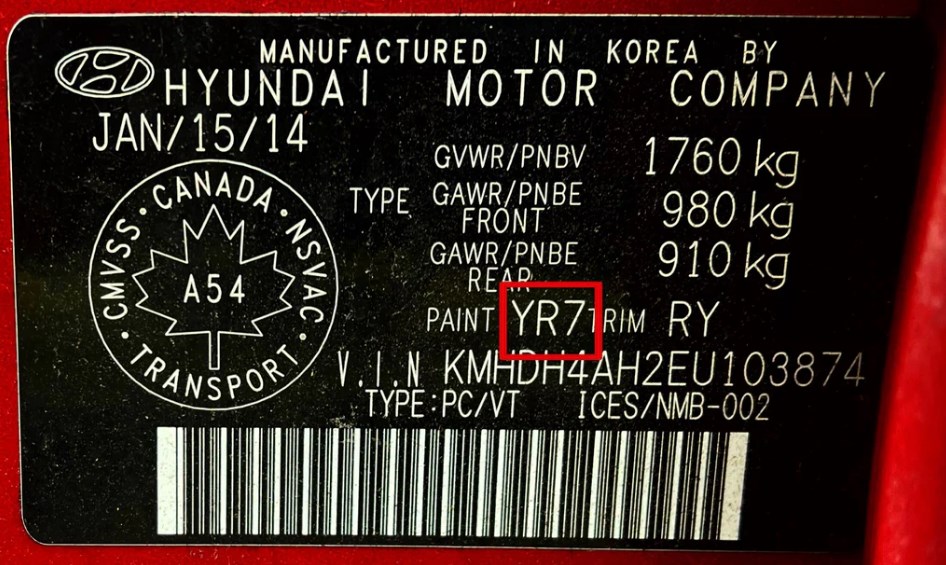Hyundai vehicle paint code plate – verify your original paint specification.