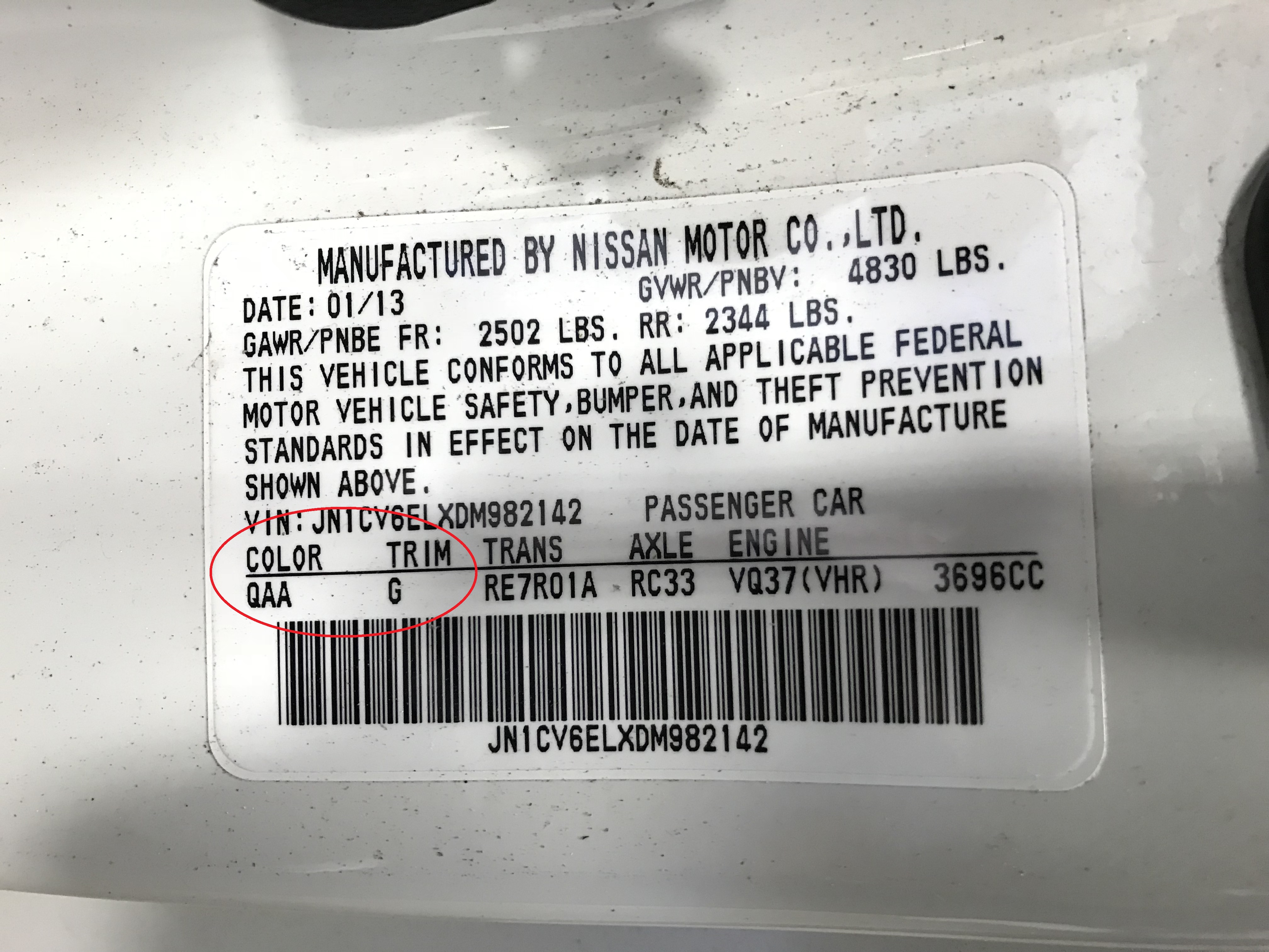 INFINITI paint code label on the vehicle – find your exact color match.