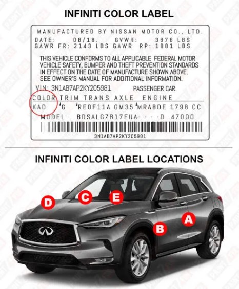 INFINITI factory paint code label – check your car’s original color.