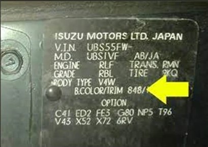 ISUZU paint code label on the vehicle – find your exact color match.