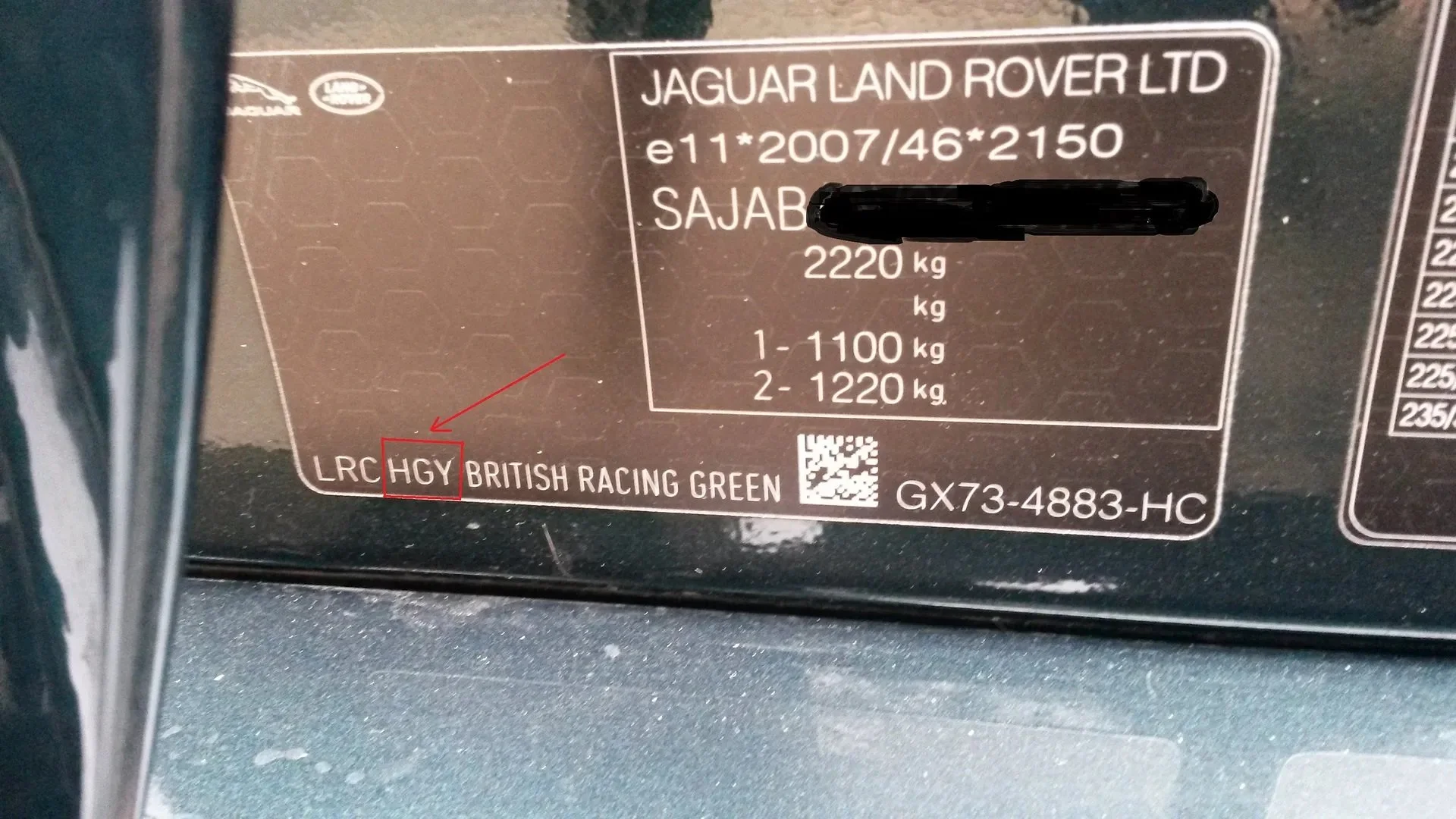 JAGUAR color code sticker on the body – identify your vehicle’s paint.