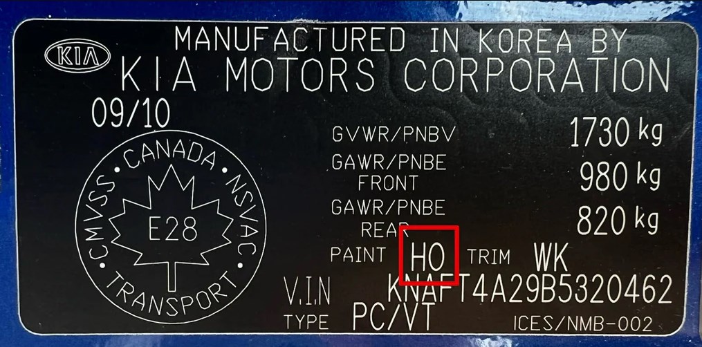 KIA paint code label on the vehicle – find your exact color match.