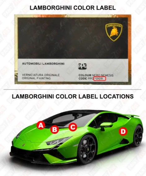 Lamborghini paint identification label – locate your car’s factory color code.
