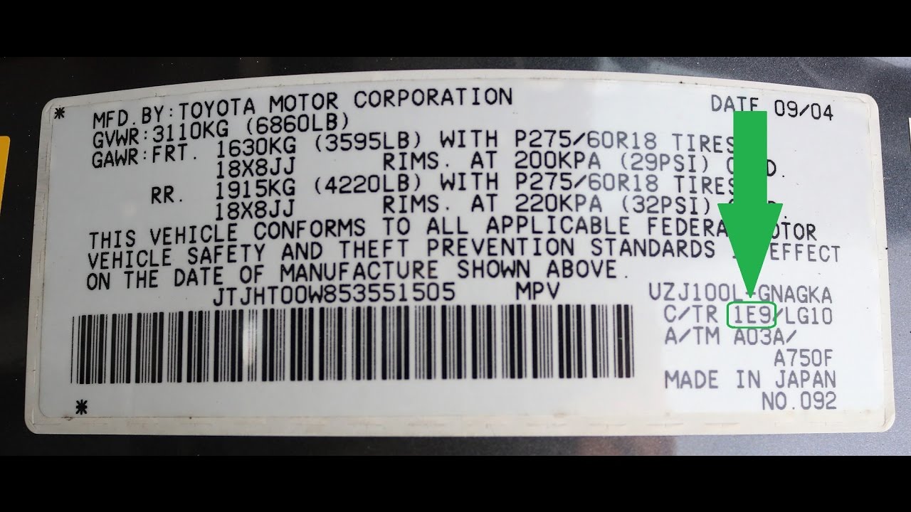 Lexus paint code label on the vehicle – find your exact color match.