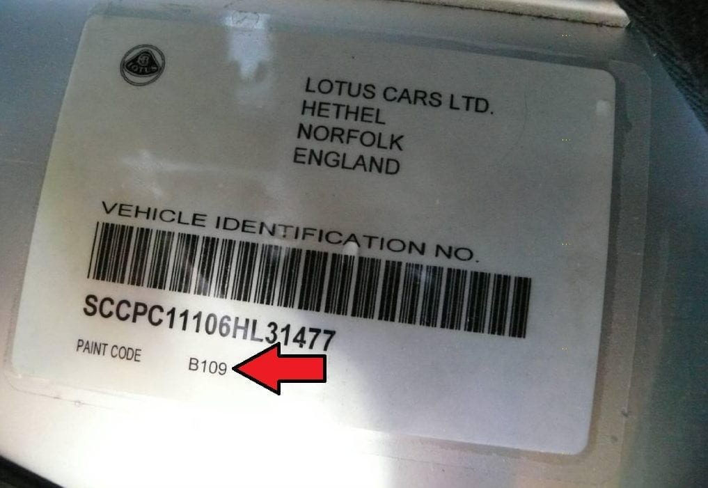 Lotus paint code label location – find your car’s exact color code.