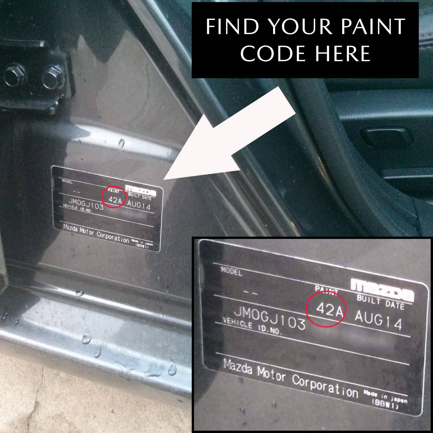 MAZDA paint code label on the vehicle – find your exact color match.