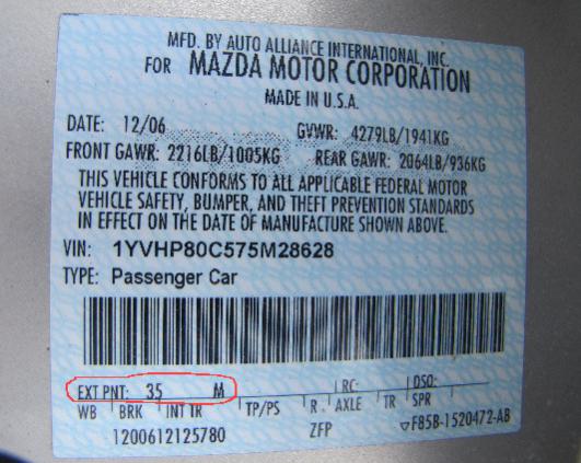 MAZDA color code sticker on the body – identify your vehicle’s paint.