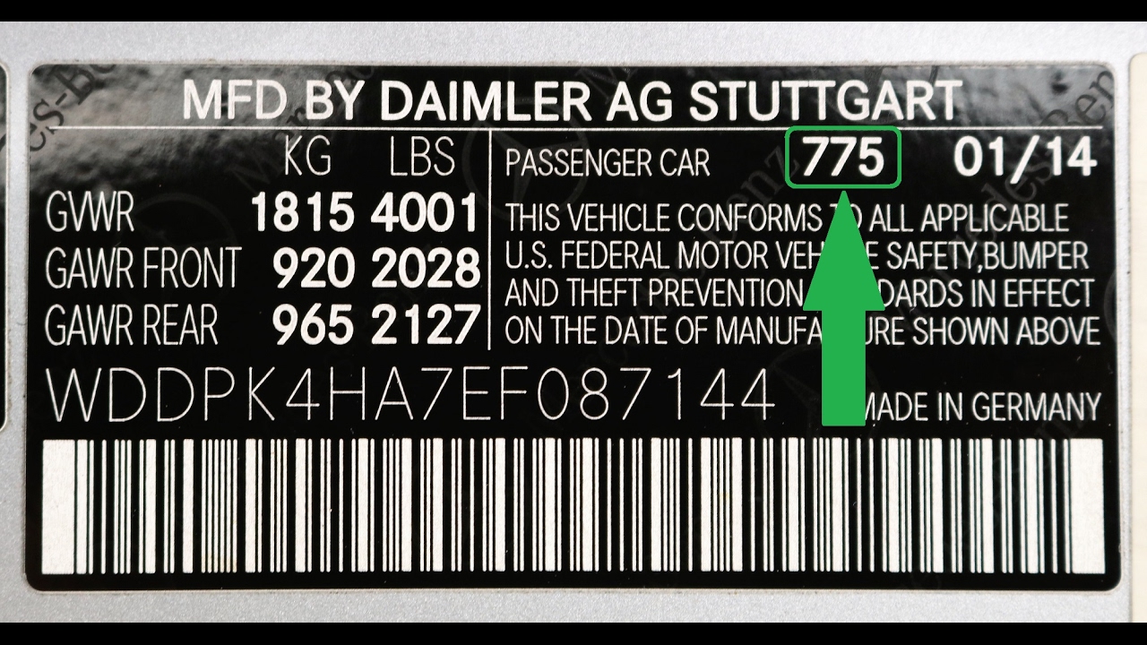 MERCEDES paint code label on the vehicle – find your exact color match.