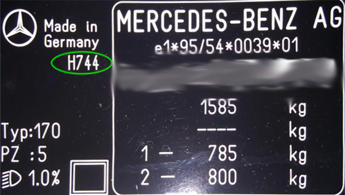 MERCEDES factory paint code label – check your car’s original color.