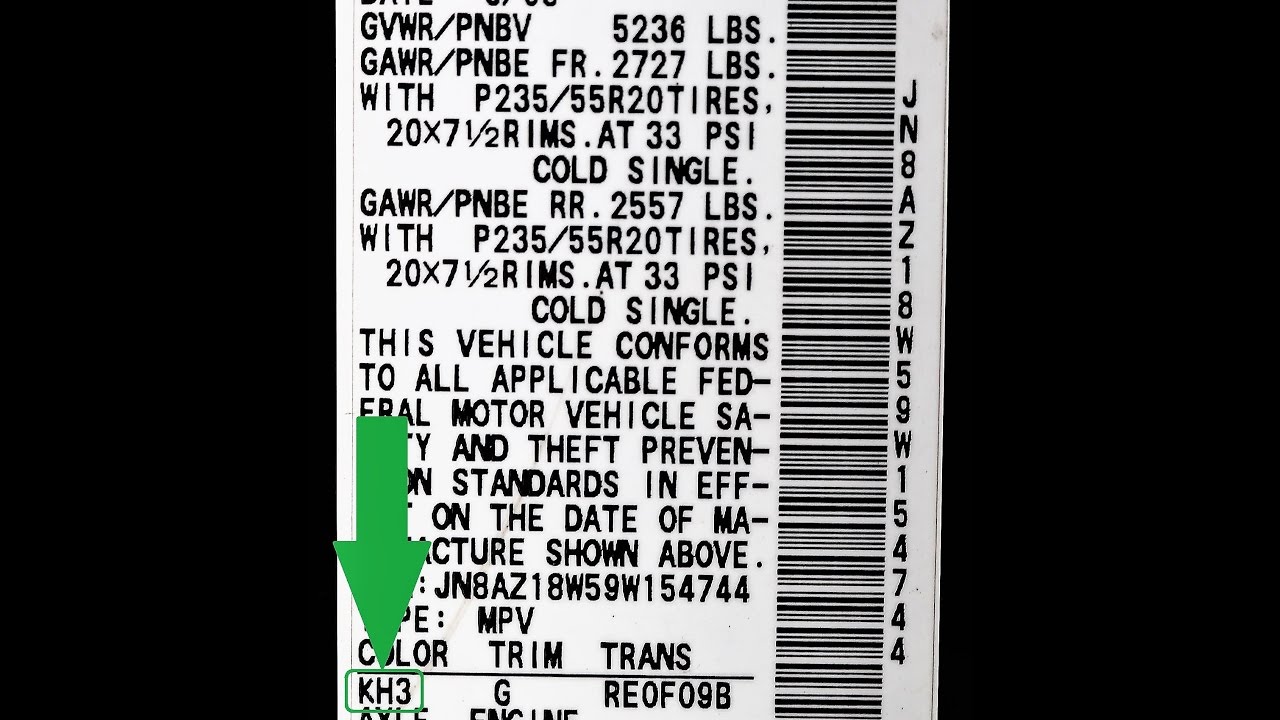 NISSAN factory paint code label – check your car’s original color.