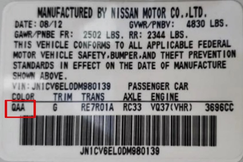 NISSAN color code sticker on the body – identify your vehicle’s paint.
