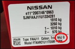 NISSAN paint identification label – locate your car’s factory color code.