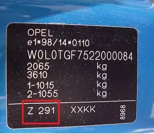 OPEL paint identification label – locate your car’s factory color code.