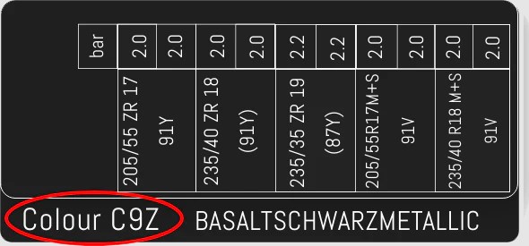 Porsche paint code label on the vehicle – find your exact color match.