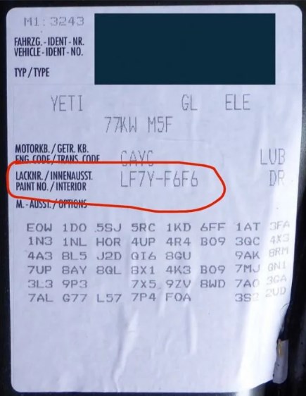 SKODA paint code label on the vehicle – find your exact color match.
