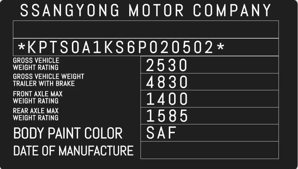 SSANGYONG factory paint code label – check your car’s original color.