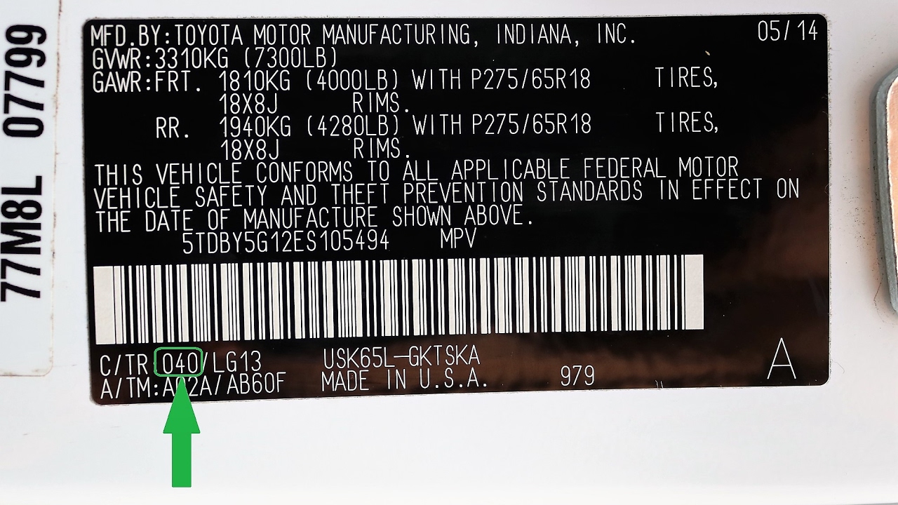 TOYOTA paint code label on the vehicle – find your exact color match.